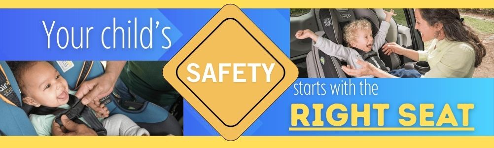 Banner with children in the car with text 'Your child's safety starts with the right seat'